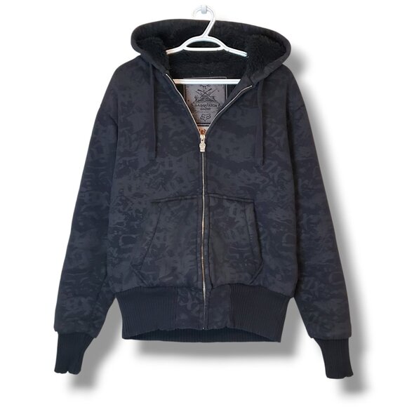 Y2K Fox Racing Sasquatch Fur Lined Zip Up Hoodie Black Size M - Picture 1 of 7